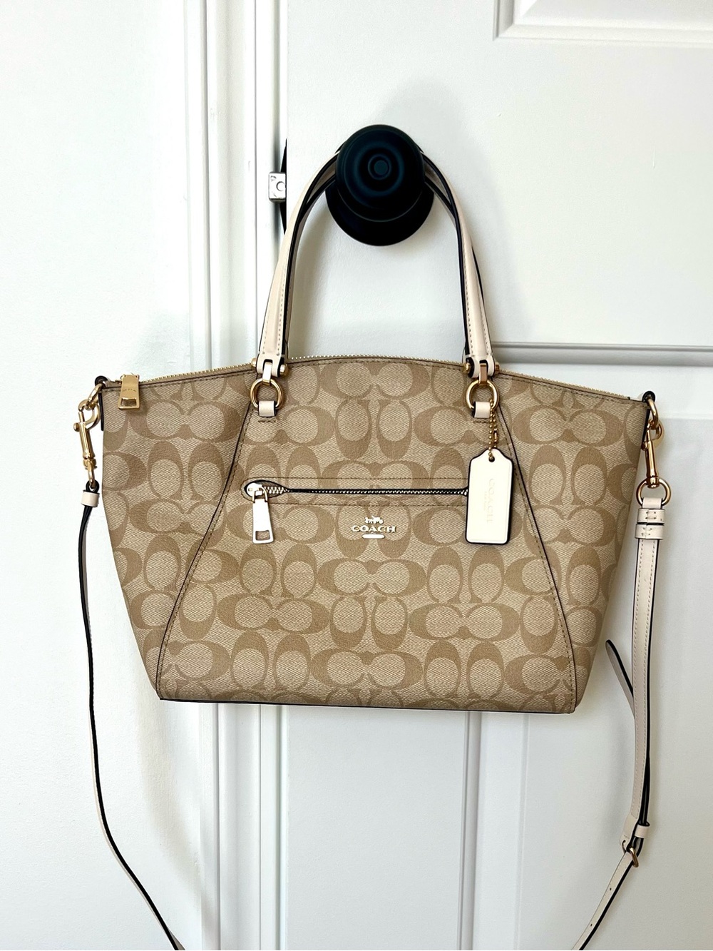 Coach Beige Signature Canvas Shoulder Tote with Chalk Trim